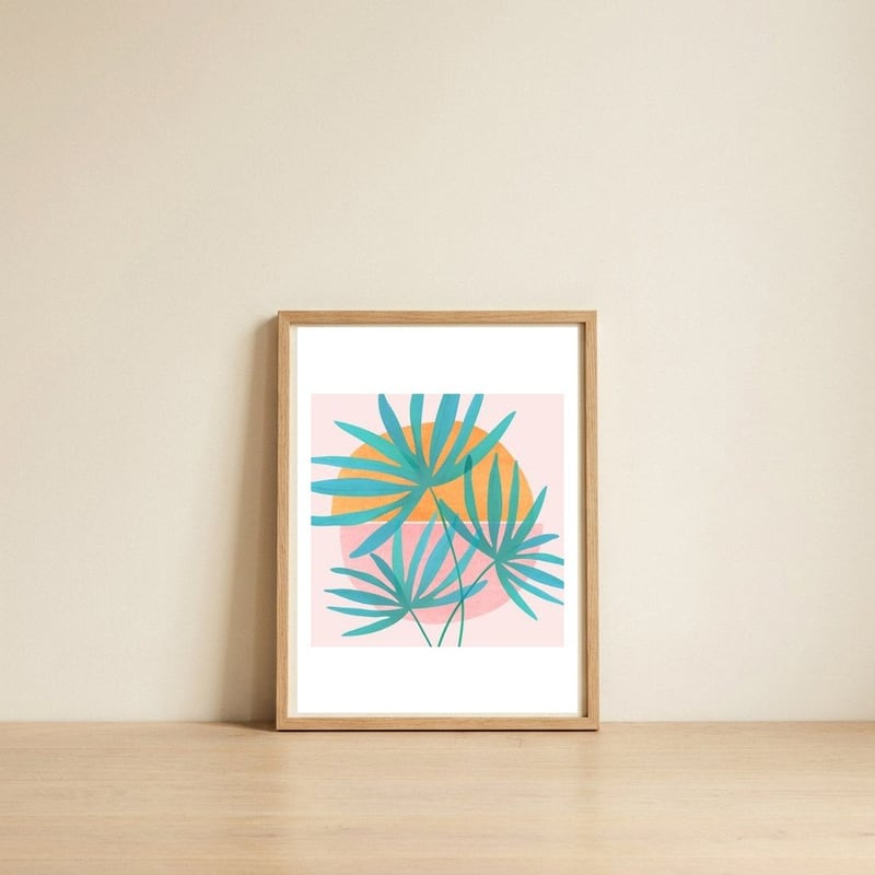 Retro Sunset Palms — framed, leaning against the wall