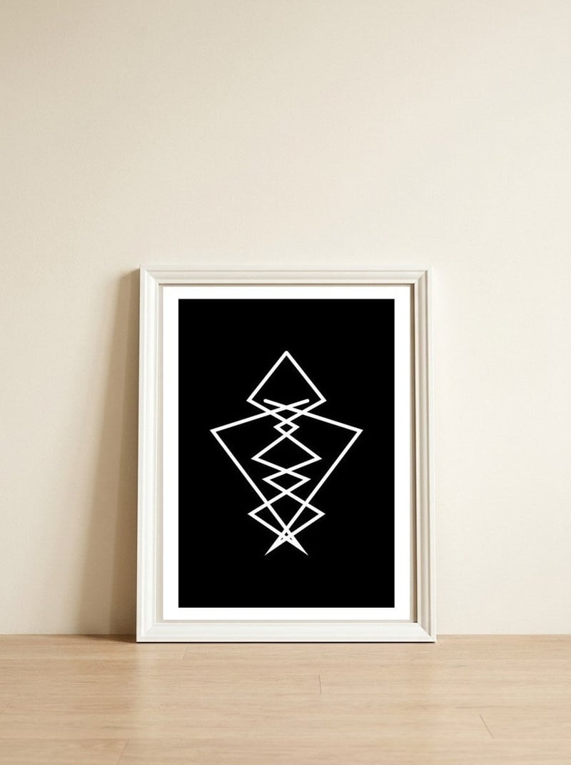 Triangulation_Black — framed, leaning against the wall