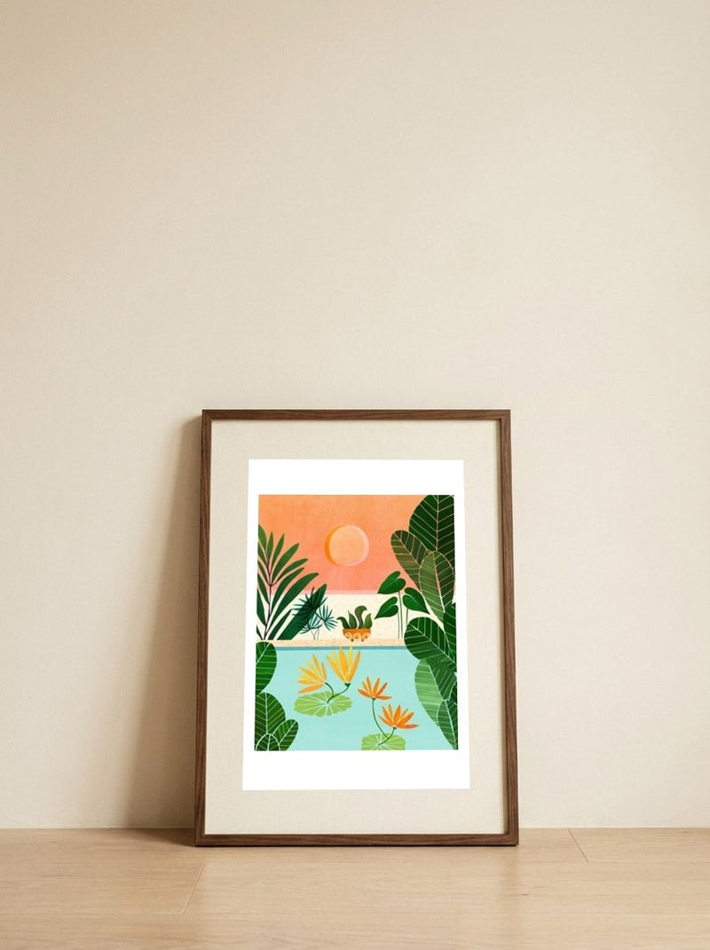 Shangri La Sunset — framed, leaning against the wall