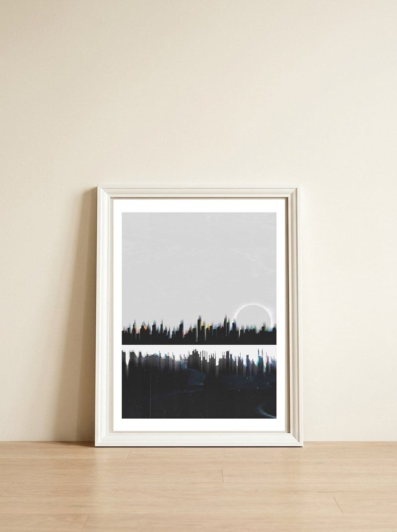 Black and white city — framed, leaning against the wall