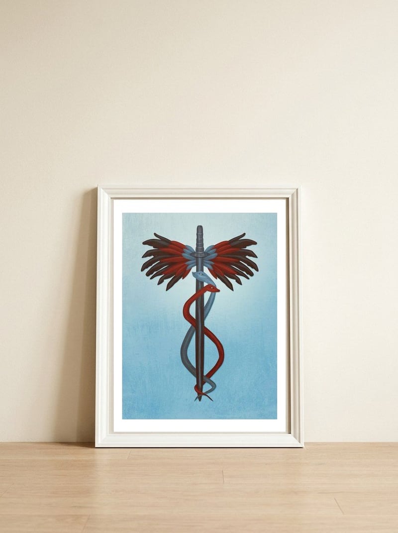 Caduceus — framed, leaning against the wall