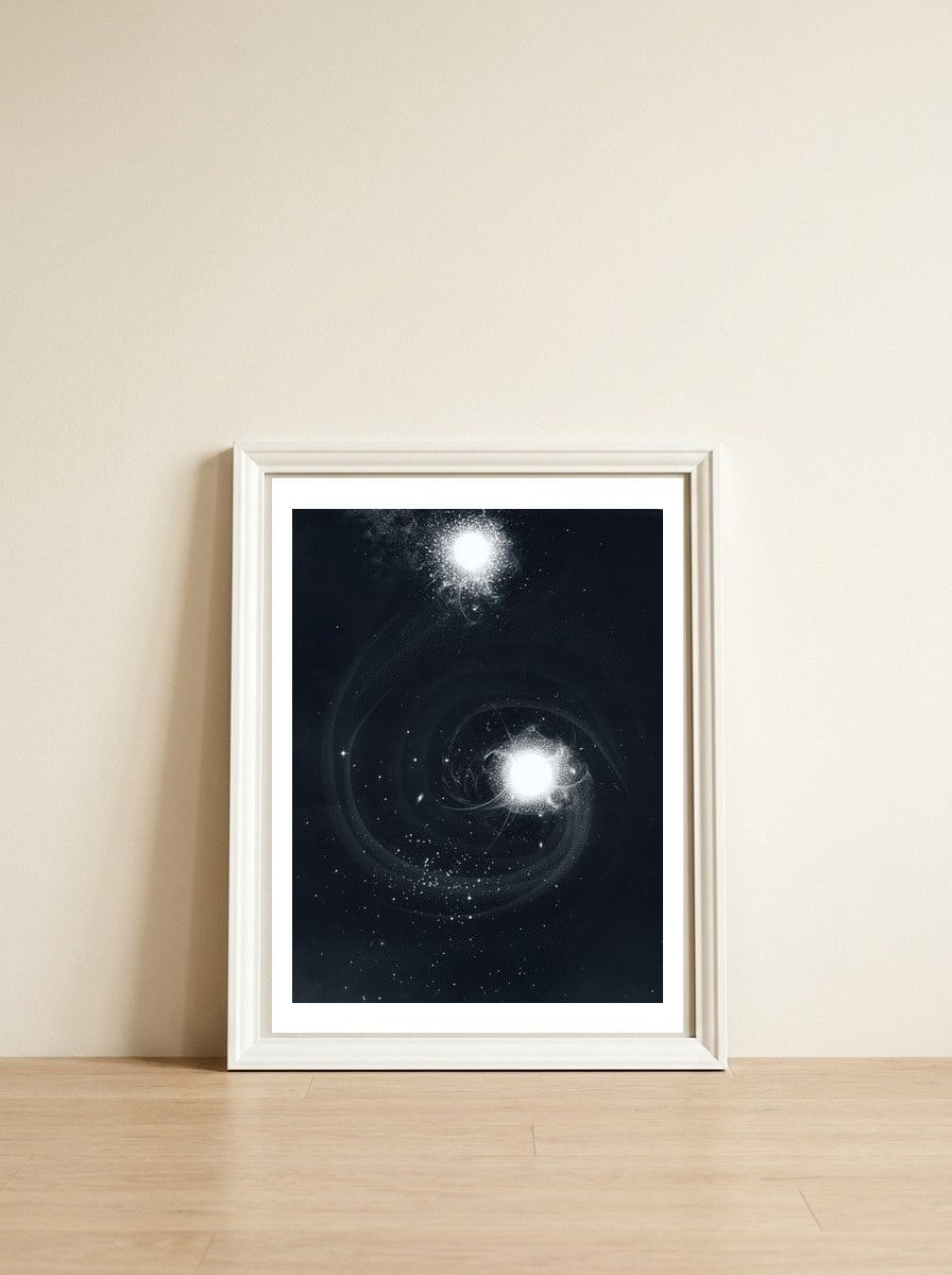 Vintage Cosmos: Double Spiral Nebula — framed, leaning against the wall