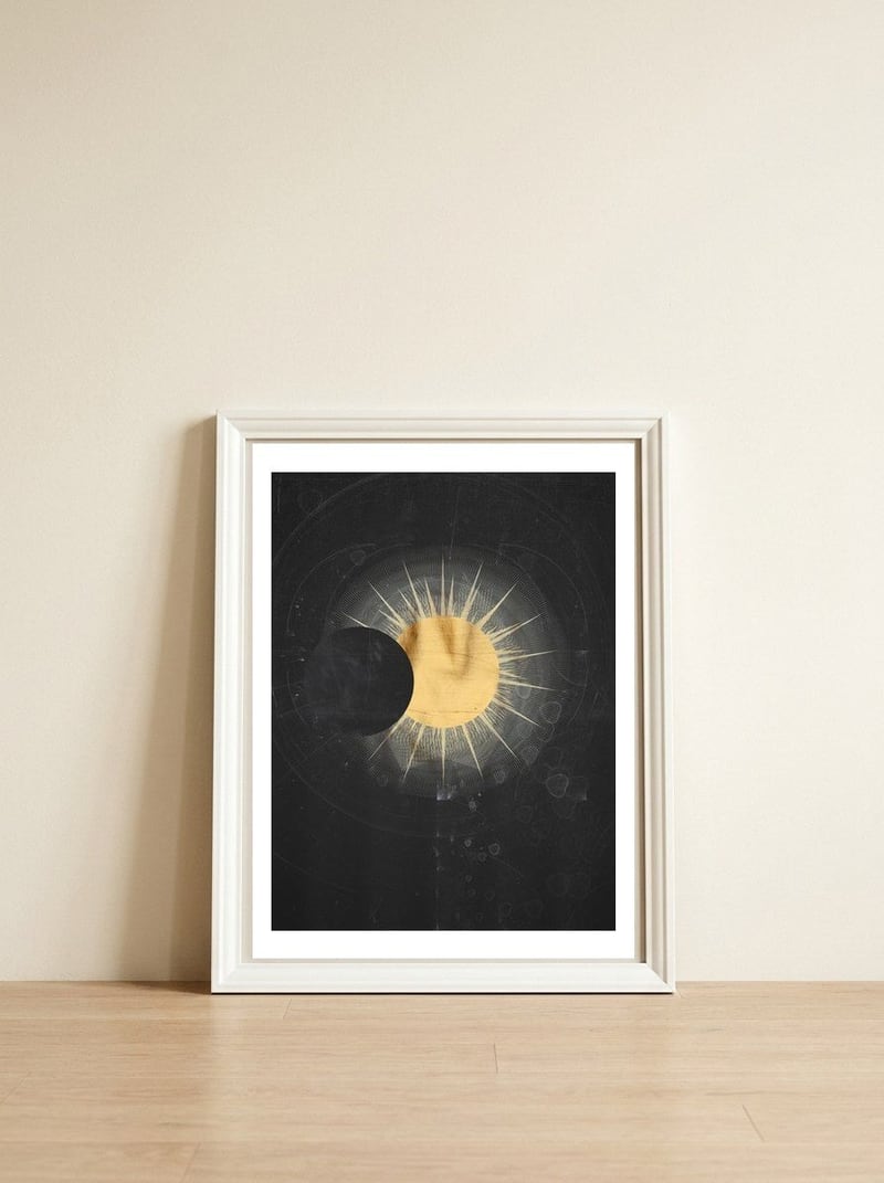 Vintage Cosmos: Solar Eclipse — framed, leaning against the wall