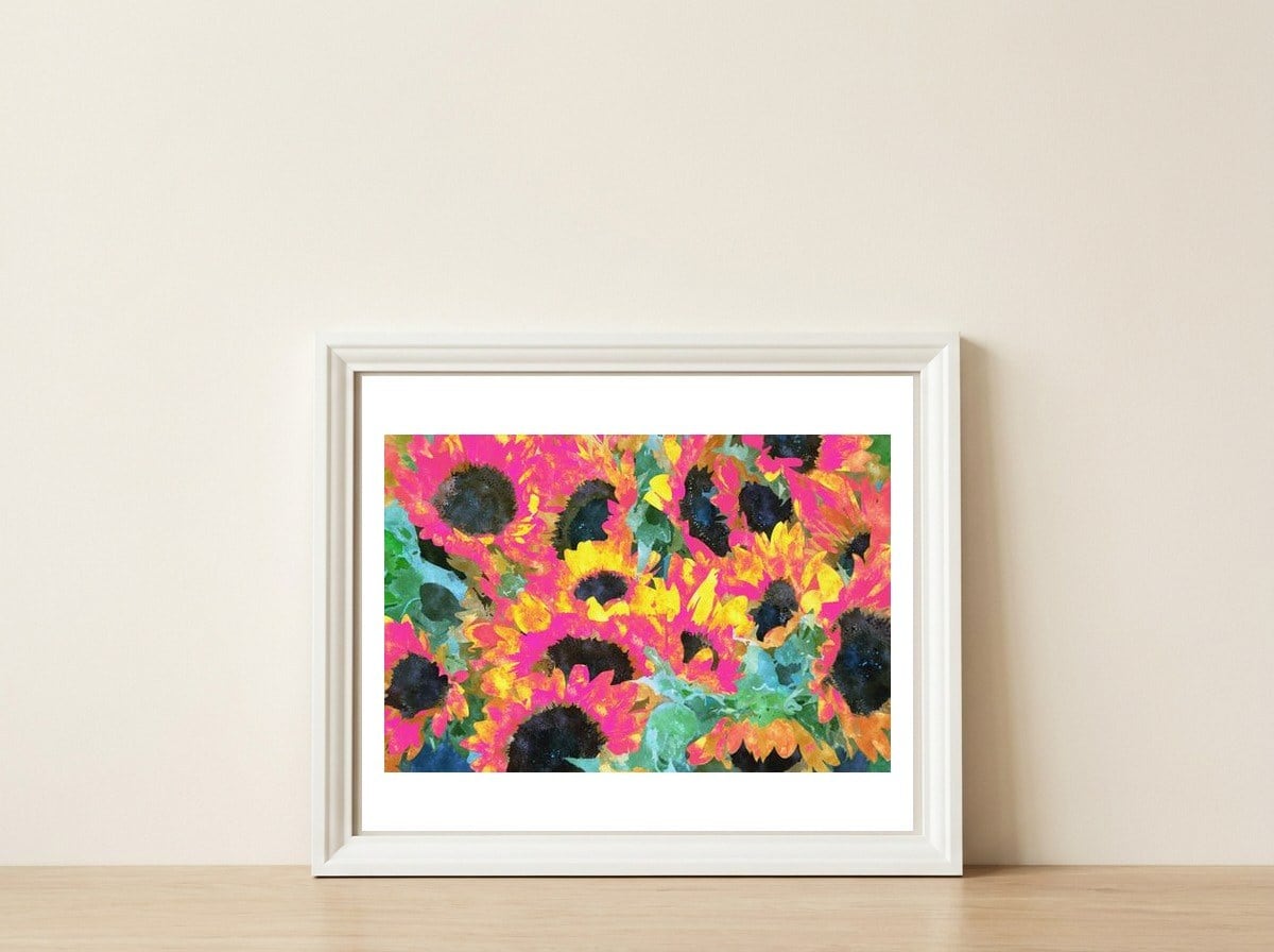 Pink Sunflowers — framed, leaning against the wall