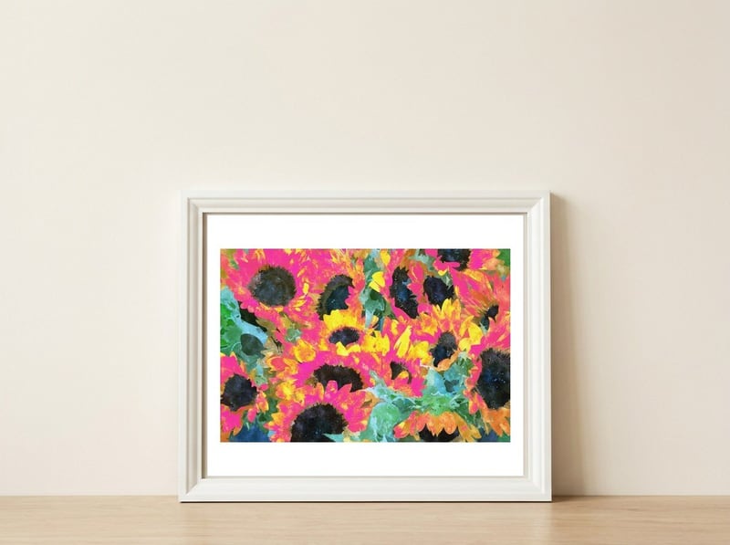 Pink Sunflowers — framed, leaning against the wall