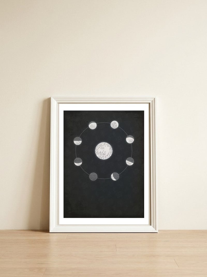 Floral moon phases — framed, leaning against the wall