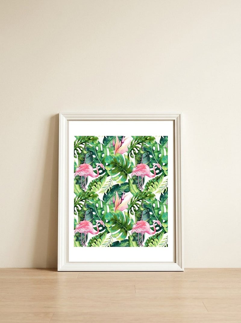 Flamingo Tropical II — framed, leaning against the wall