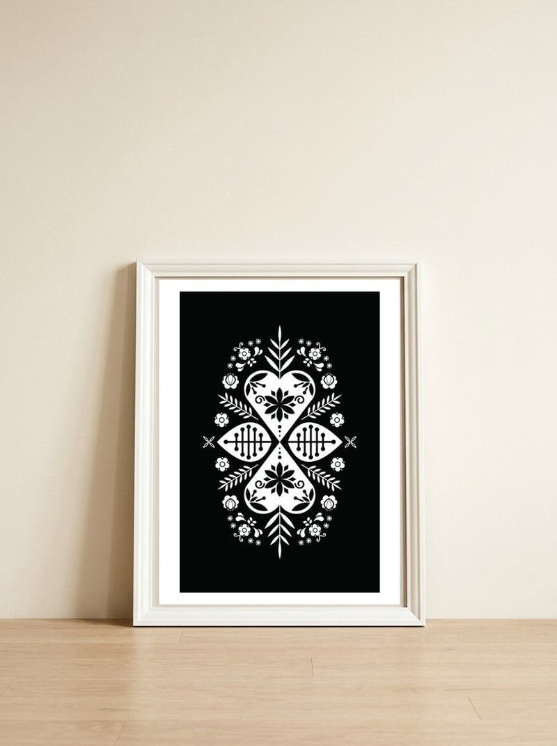 Scandinavian Folk Pattern Monochrome 01 — framed, leaning against the wall