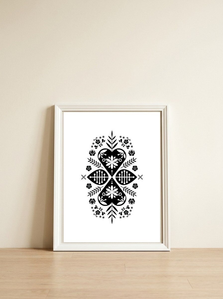 Scandinavian Folk Pattern Monochrome — framed, leaning against the wall