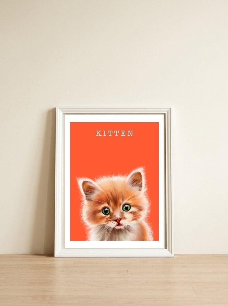 Kitten — framed, leaning against the wall