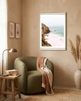 Pink Trails, Beach Tropical Travel Ocean Pastel Digital Art, Photography Sea Scenic Nature Landscape framed in a tender room thumbnail