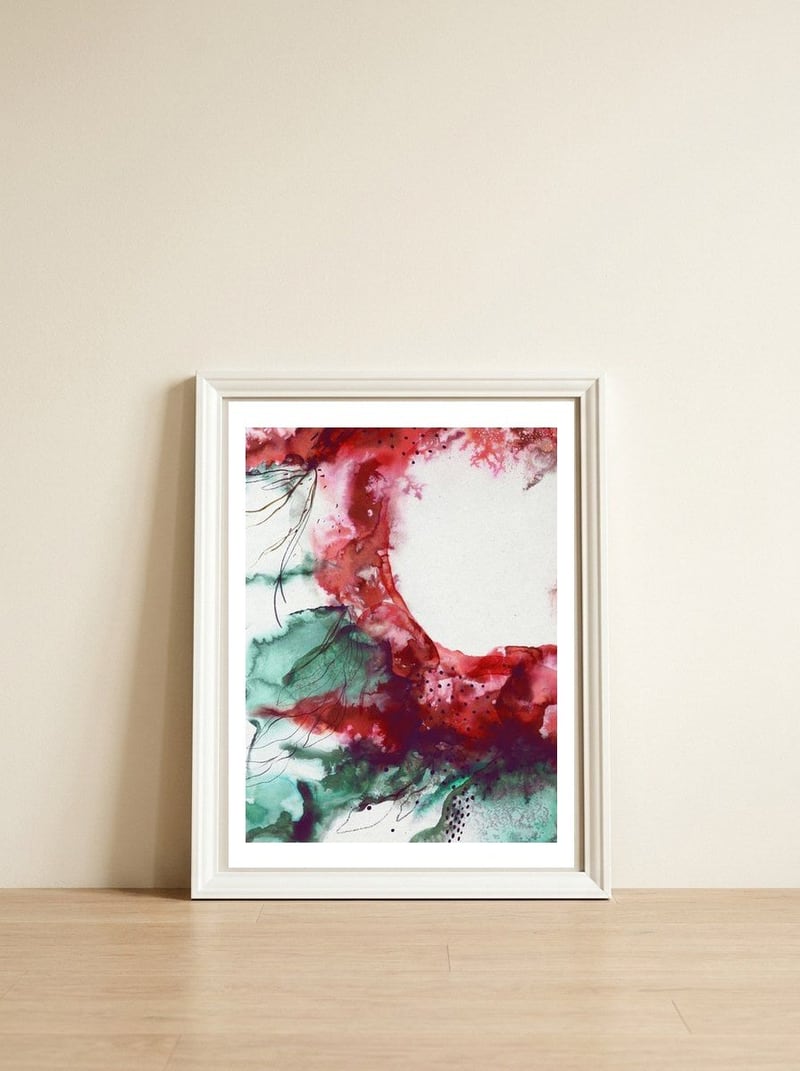 Abstract floral explosion — framed, leaning against the wall