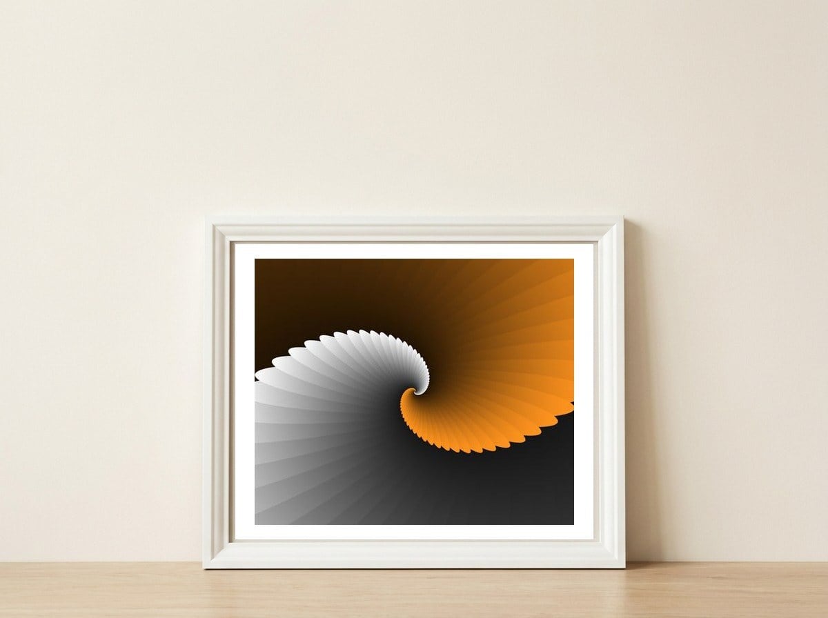 Orange Spiral Wings — framed, leaning against the wall