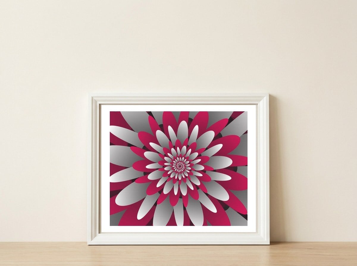 Paper Cut Flower Spiral — framed, leaning against the wall