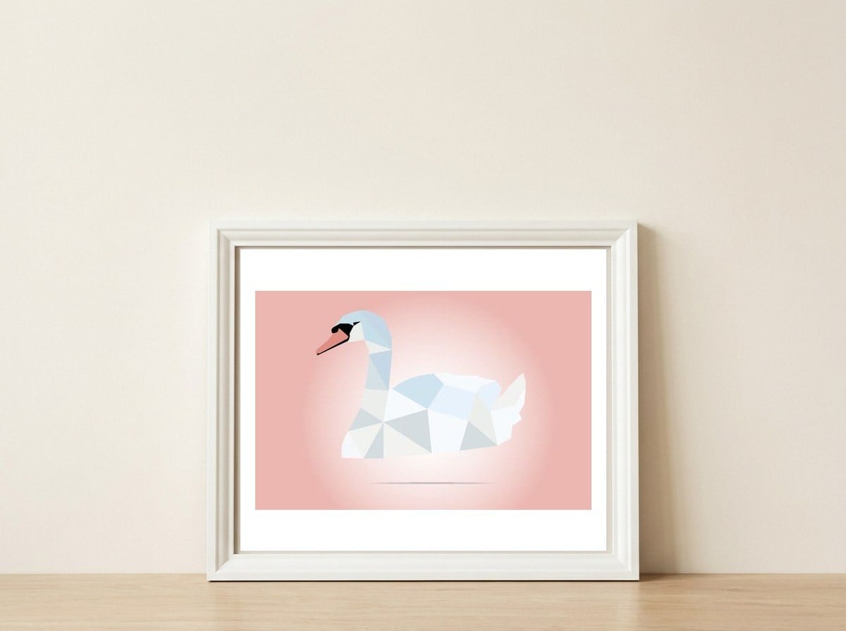Swan Low Poly Art — framed, leaning against the wall