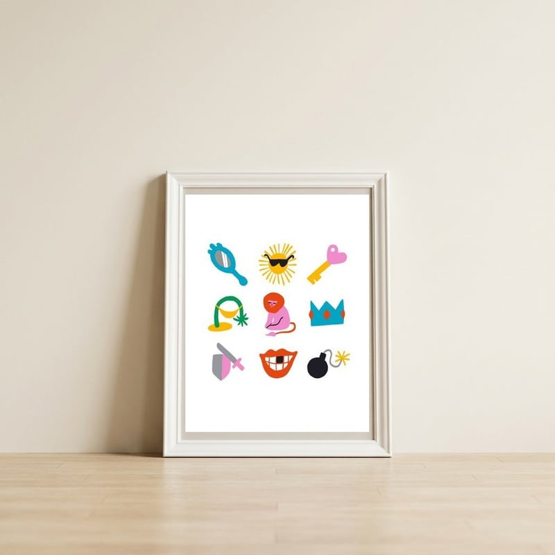 Leo Emoji — framed, leaning against the wall