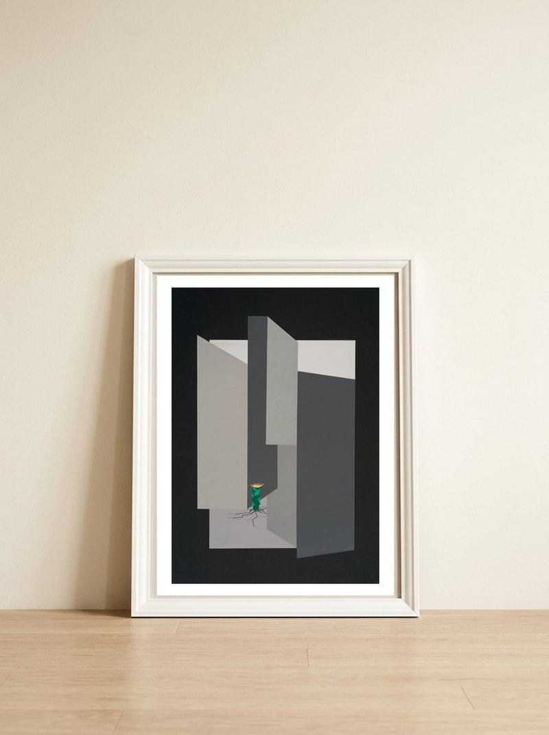 Small flower in concrete landscape. — framed, leaning against the wall