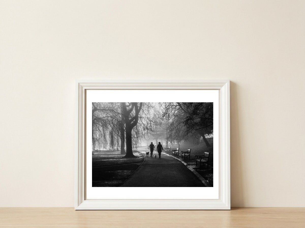 Misty Morning — framed, leaning against the wall