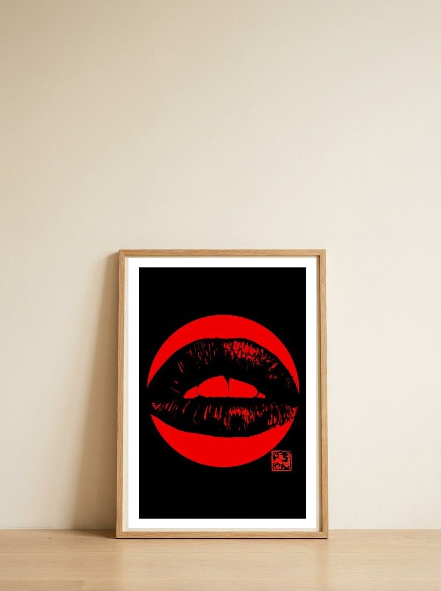 Bouche in red — framed, leaning against the wall