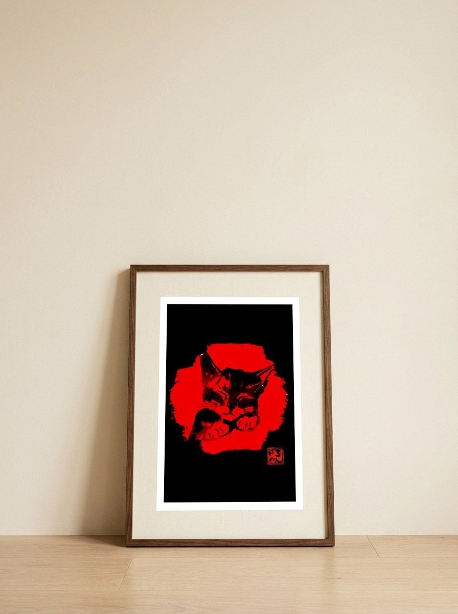 cute cat in red — framed, leaning against the wall