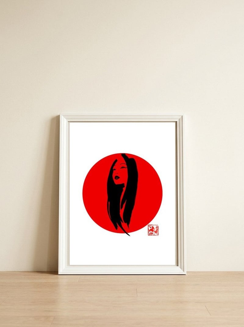 Geisha02 in red — framed, leaning against the wall