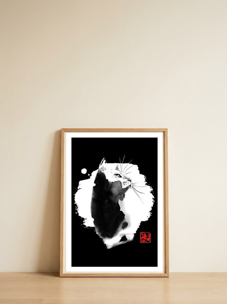 Stain Cat — framed, leaning against the wall