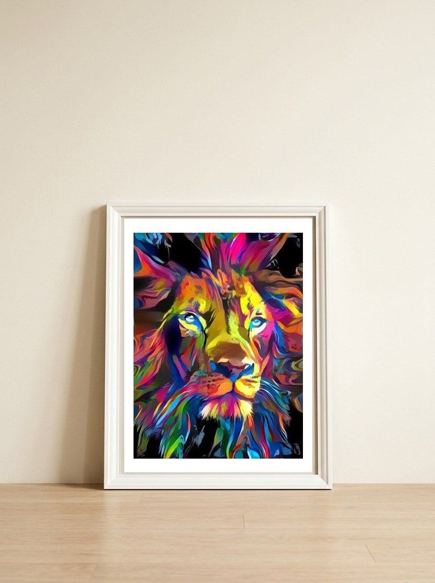 Rainbow Lion — framed, leaning against the wall