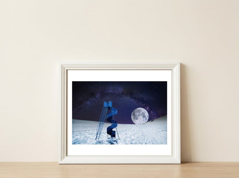 Snowfield — framed, leaning against the wall