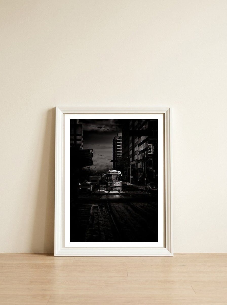 The 512 St. Clair Streetcar Toronto Canada Toned Version — framed, leaning against the wall