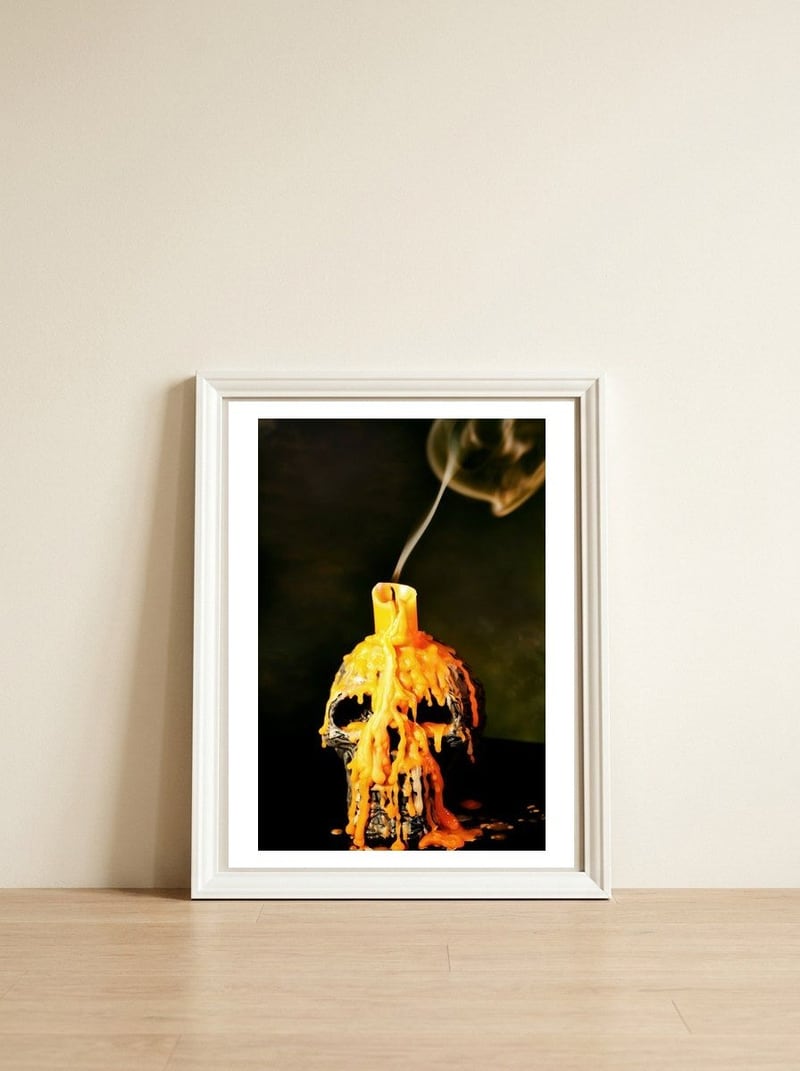 Spooky skull — framed, leaning against the wall