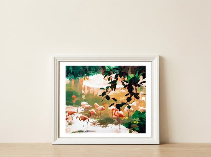 Flamingo Sighting — framed, leaning against the wall