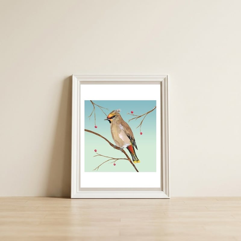 Bohemian waxwing — framed, leaning against the wall