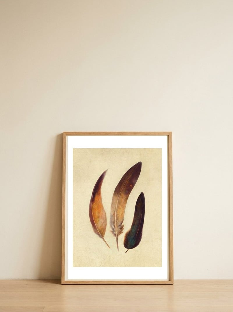 Three Feathers — framed, leaning against the wall