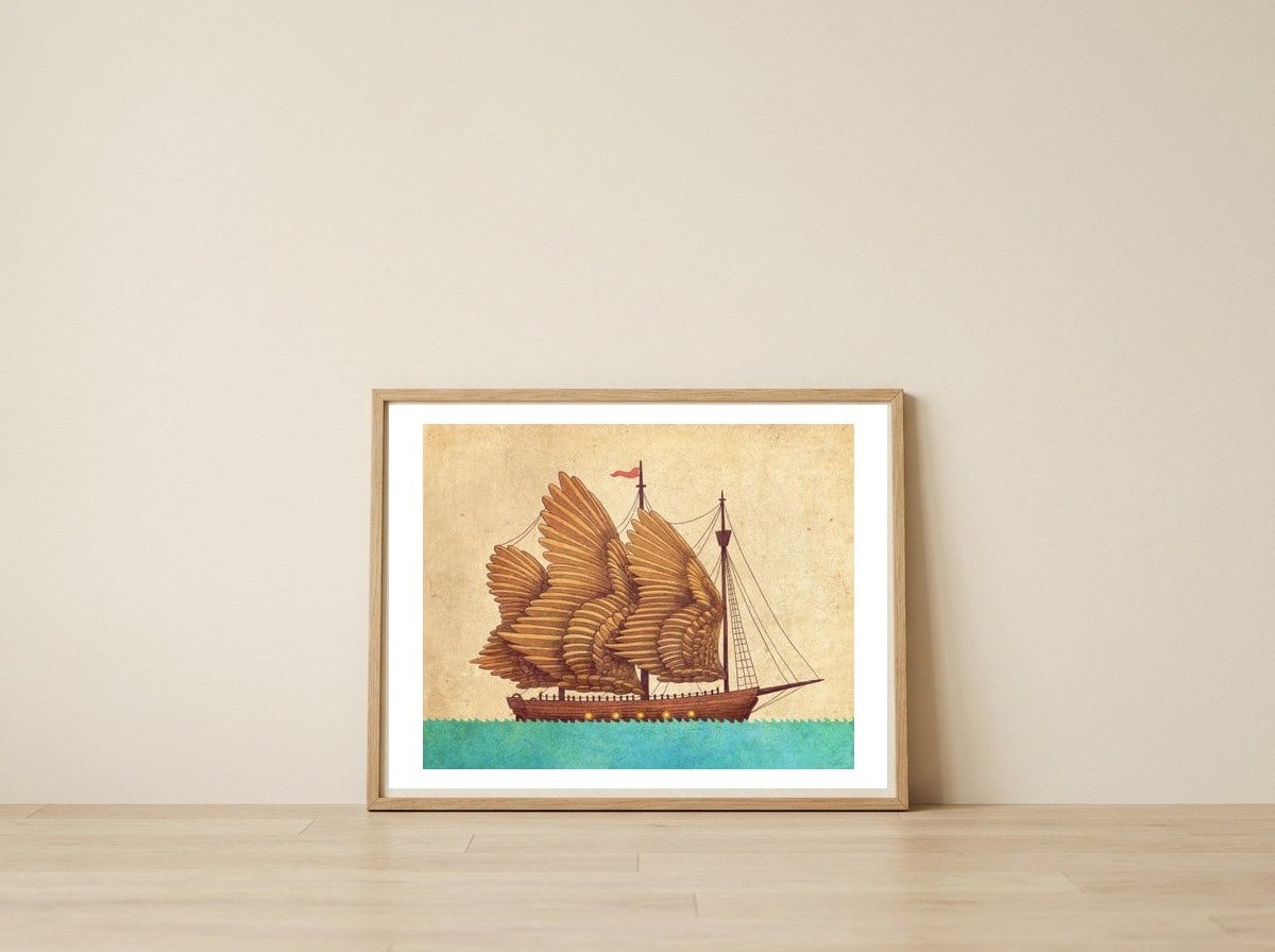 Winged Odyssey — framed, leaning against the wall