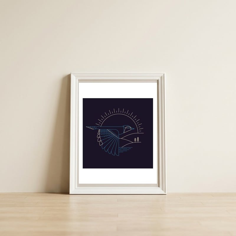 Blue Jay — framed, leaning against the wall