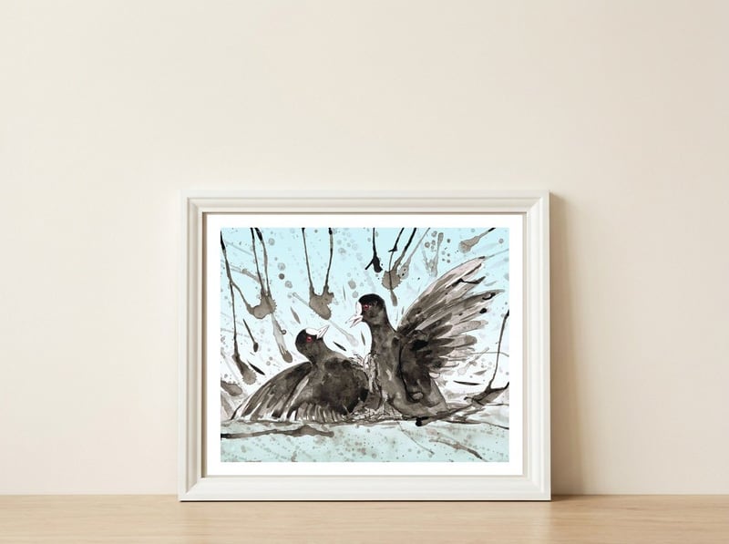 Fighting coots — framed, leaning against the wall