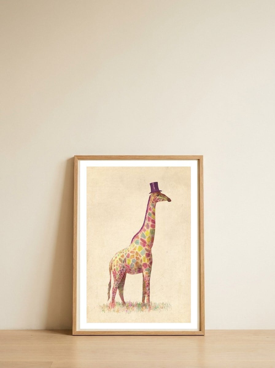 Fashionable Giraffe — framed, leaning against the wall