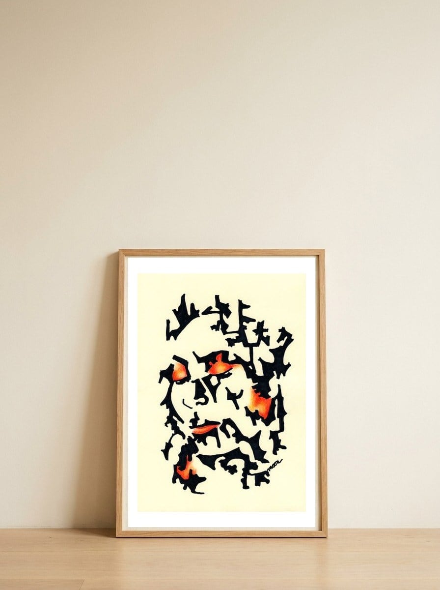 Woman in Red — framed, leaning against the wall