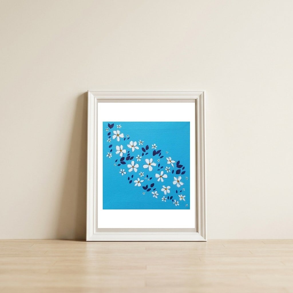Flowers On Blue — framed, leaning against the wall