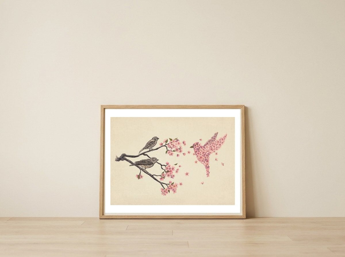 Blossom Bird — framed, leaning against the wall