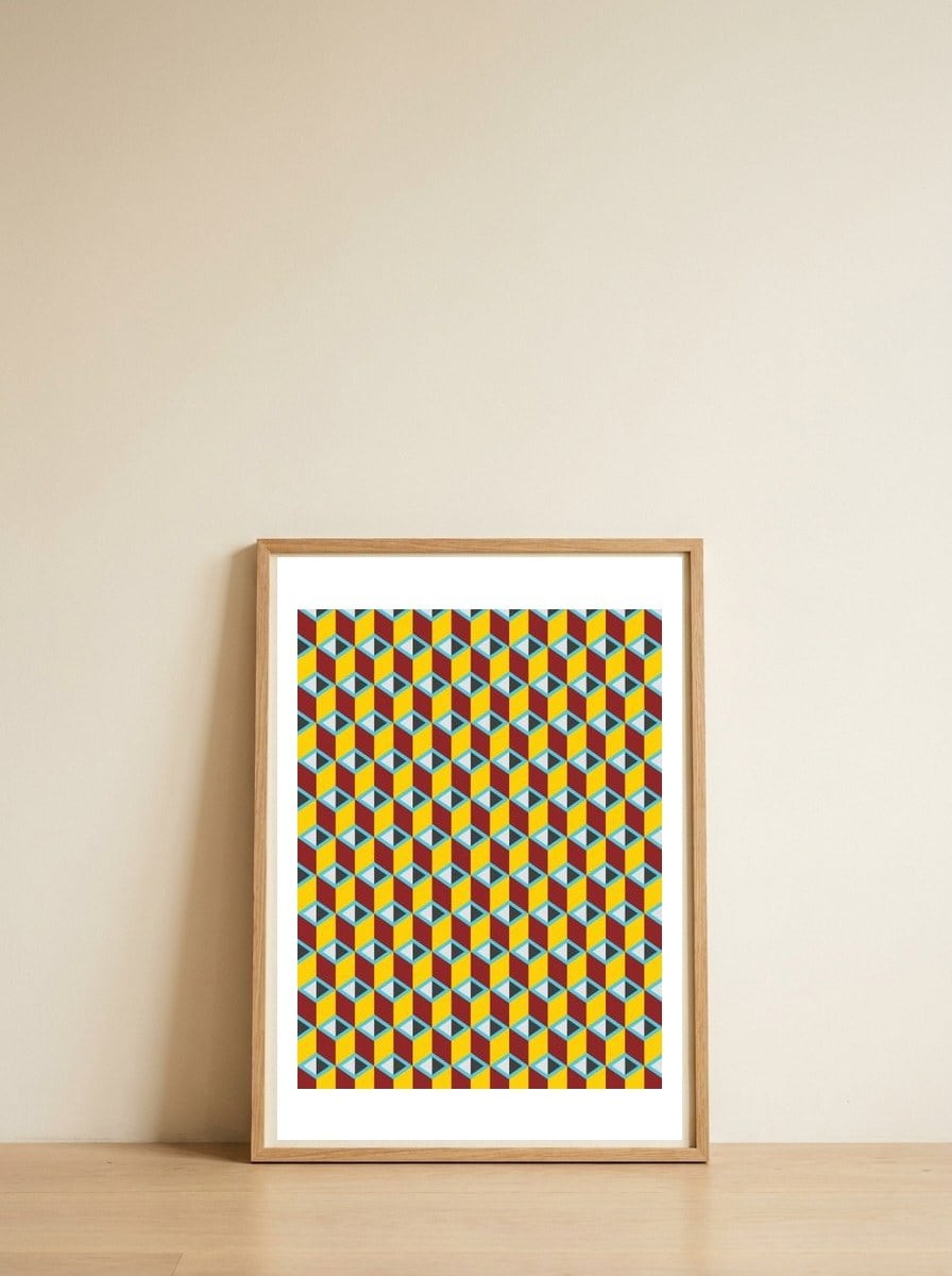 Geometric Cube Illusion 3 — framed, leaning against the wall