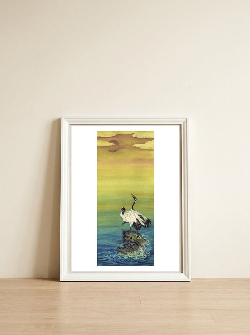 Cranes at Dawn — framed, leaning against the wall