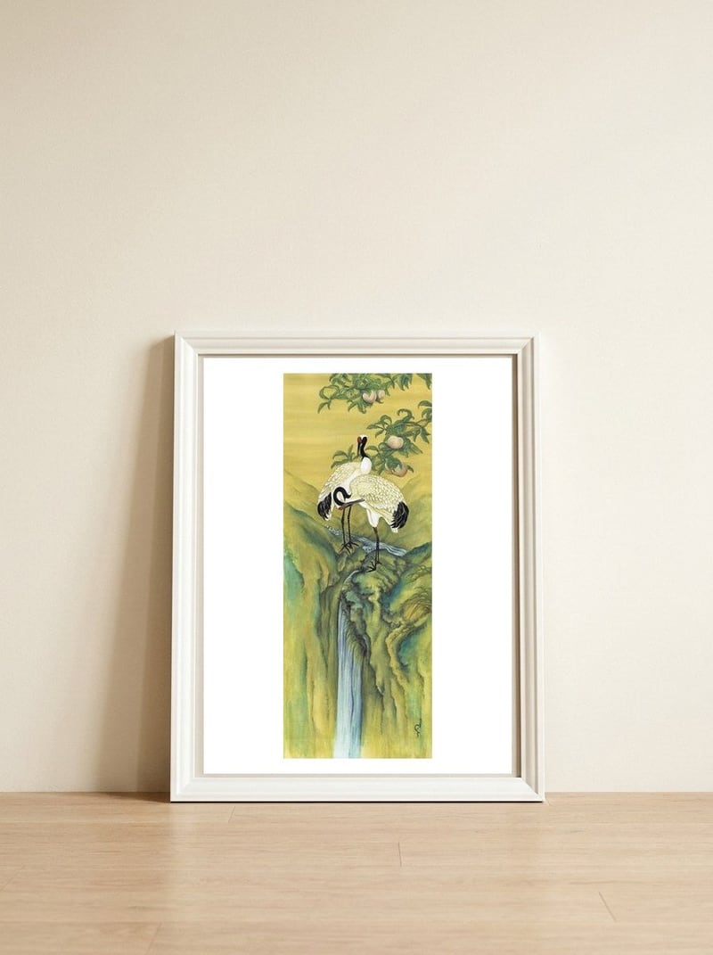 Cranes At The Top Of A Waterfall — framed, leaning against the wall