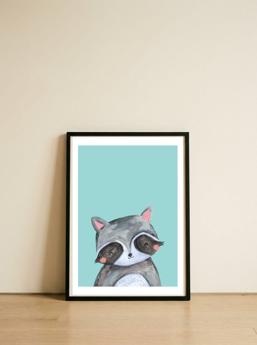 Woodland Racoon On Mint — framed, leaning against the wall
