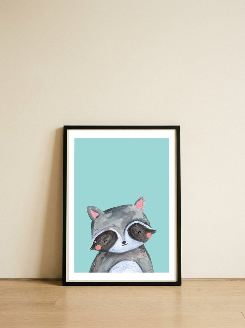Woodland Racoon On Mint — framed, leaning against the wall