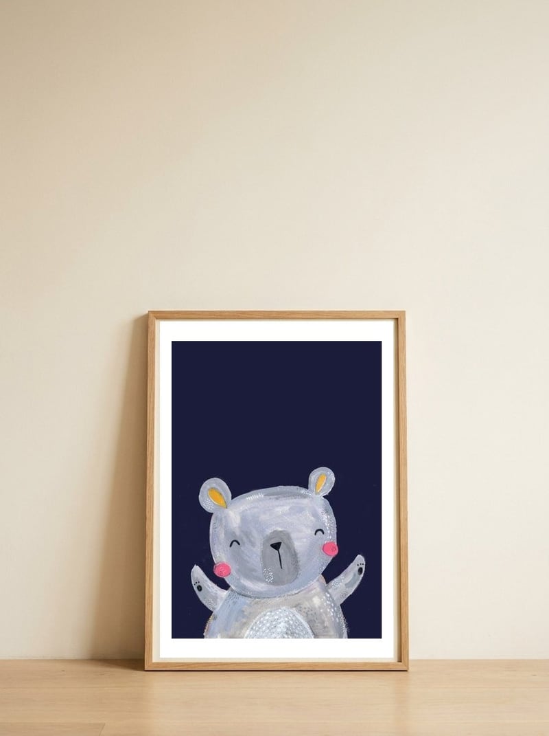 Woodland Bear On Navy — framed, leaning against the wall