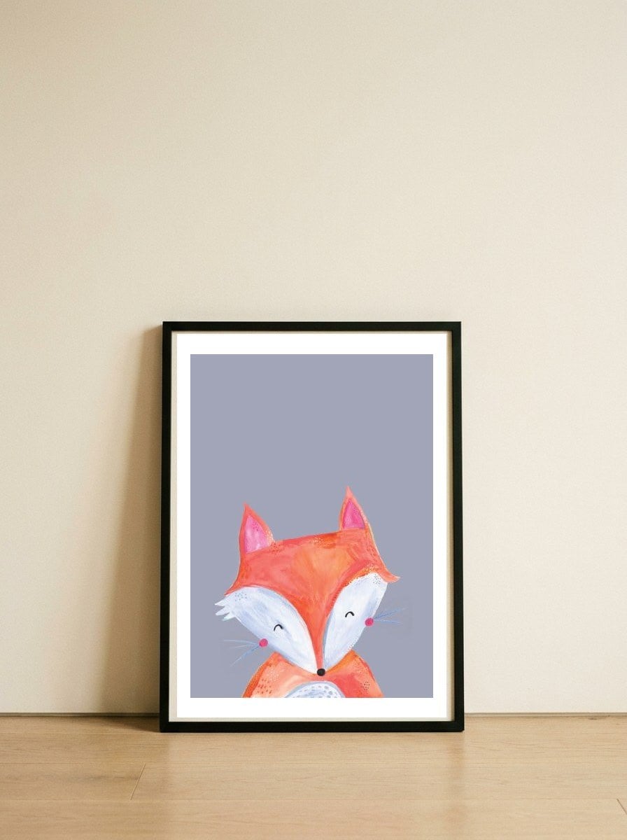 Woodland Fox On Grey — framed, leaning against the wall