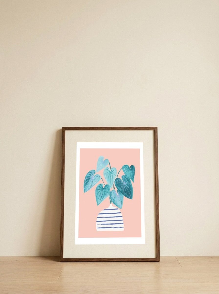 minimal house plant painting in stripy vase — framed, leaning against the wall