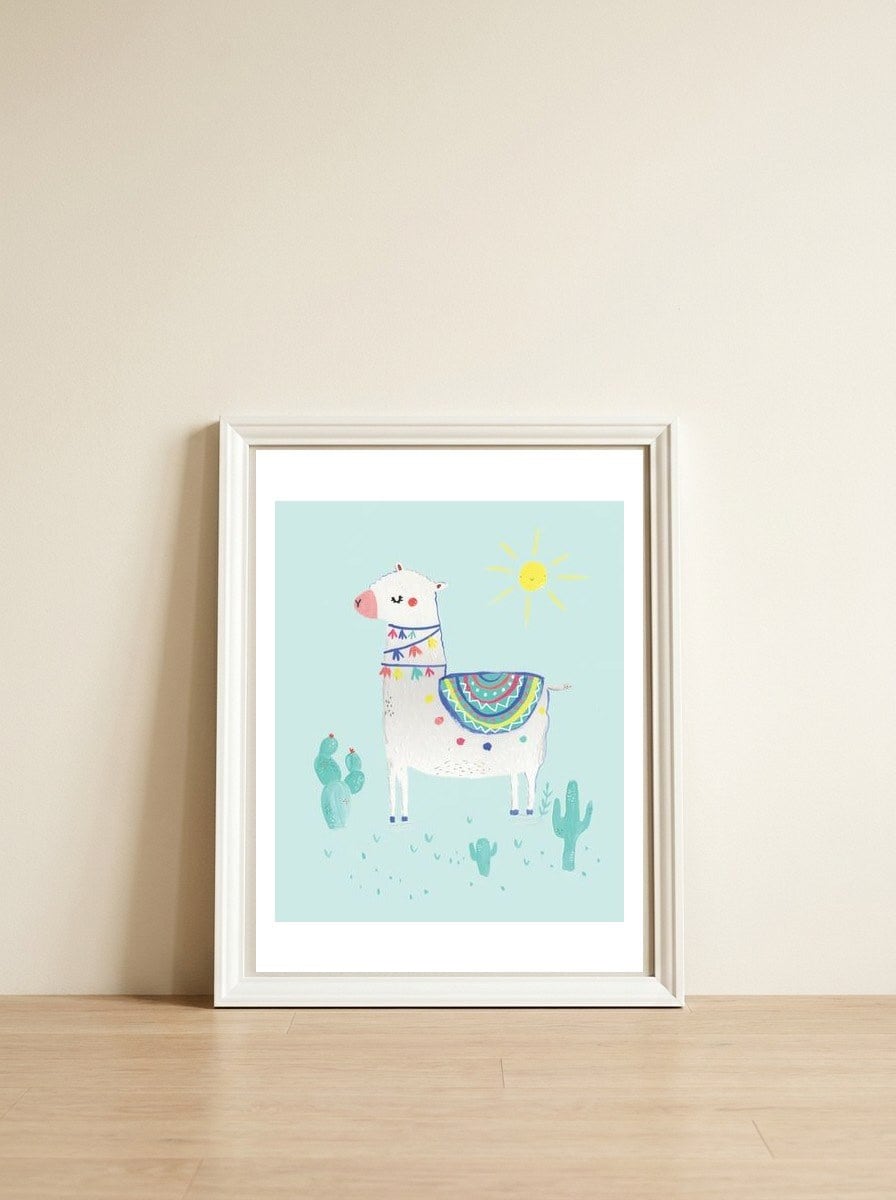 Sunshine Llama — framed, leaning against the wall