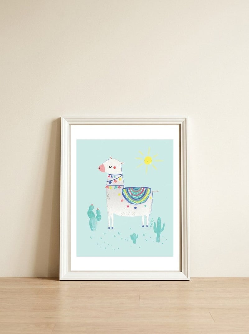 Sunshine Llama — framed, leaning against the wall